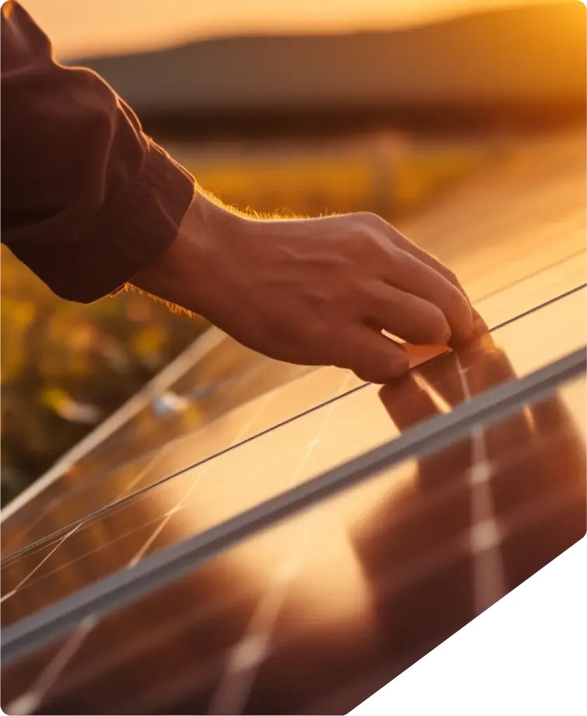 Close-up of a hand touching the surface of a solar panel.