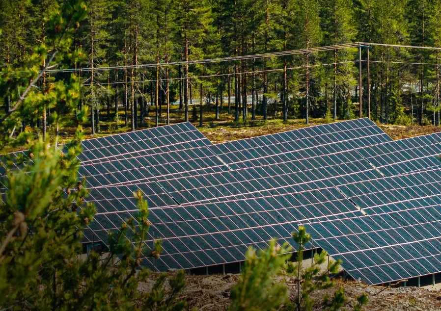 Rows of ground-mounted solar panels in an open landscape